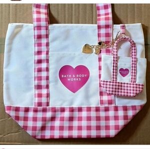 Bath & Body Works White Tote with Pink Gingham Trim and Heart Logo